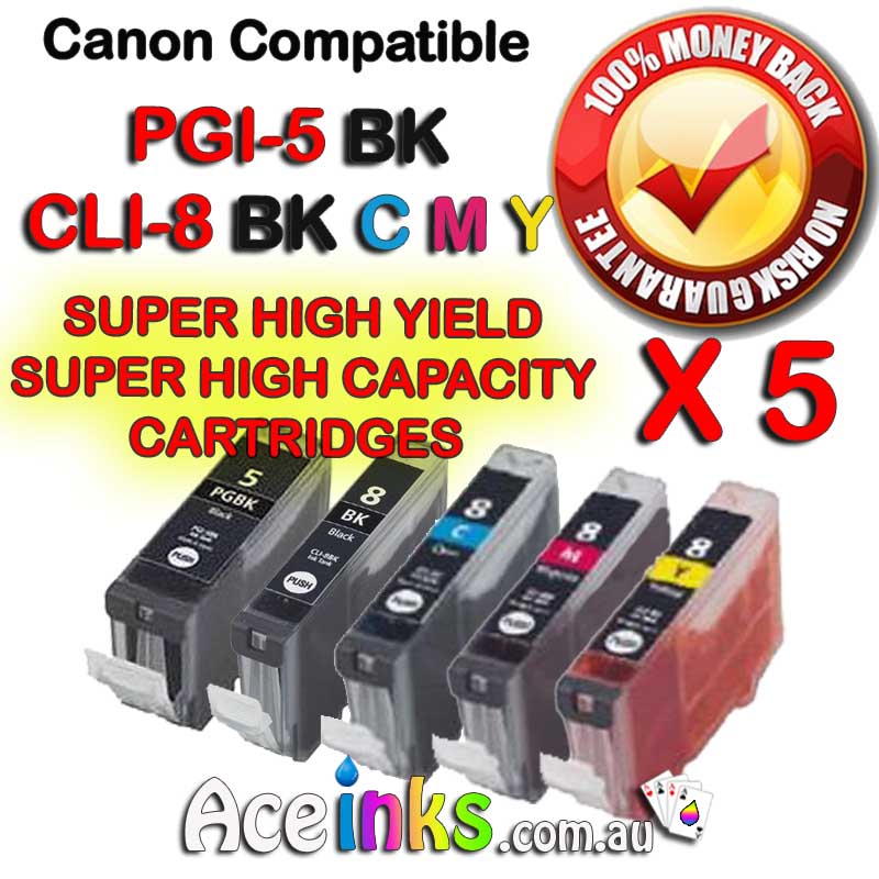 5 Combo Compatible Canon PGI-5BK / CLI-8BK C/M/Y With Chip
